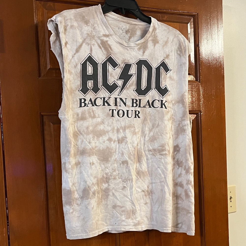 AC/DC Back in Black Tour Tie-Dye Tank Top - White and Tan